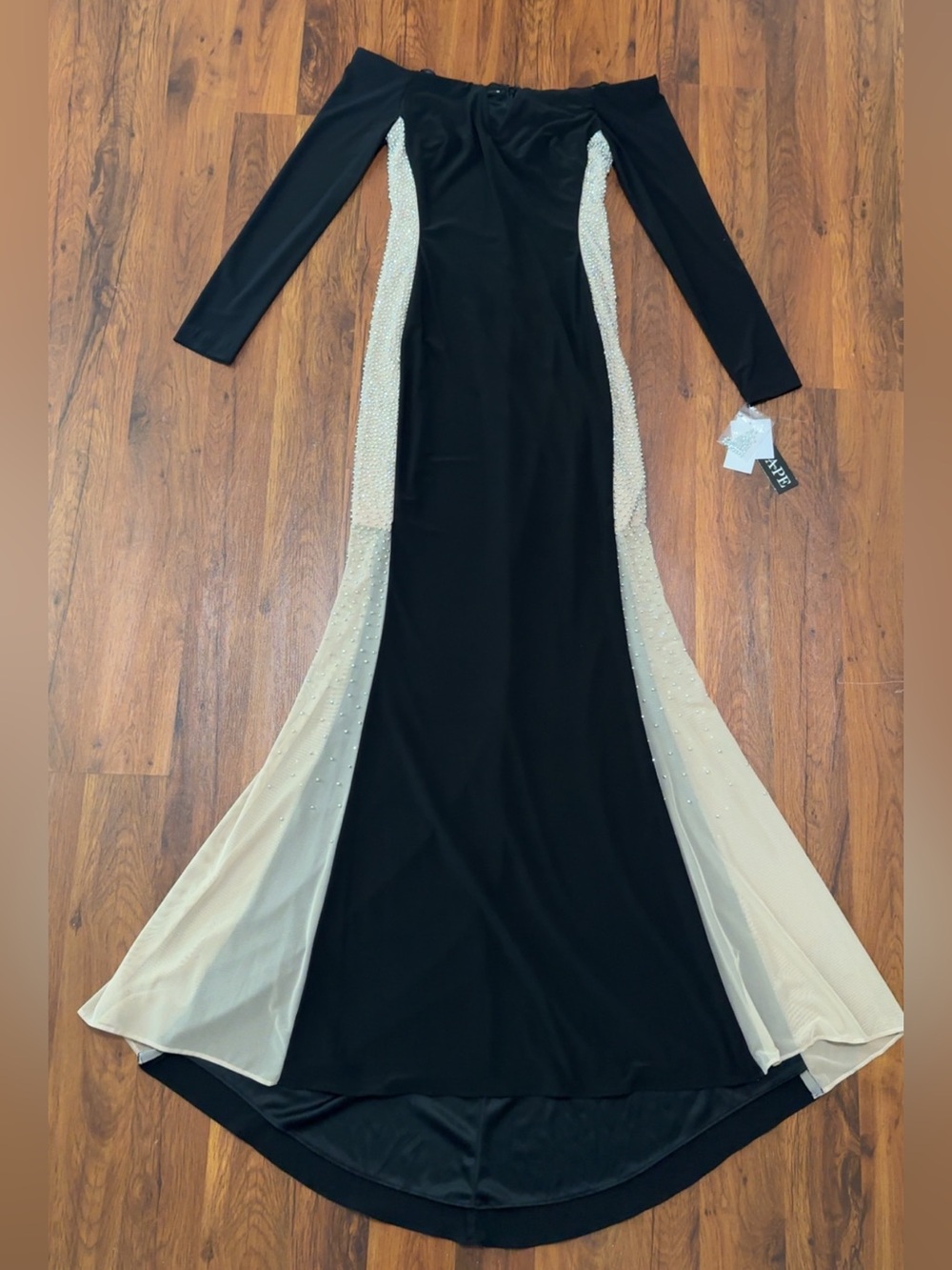 Xscape Black Off-Shoulder Long Sleeve Gown Crystal Embellishment Side Panels - Picture 7 of 16